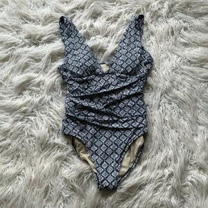 Garnet Hill One Piece Swimsuit Sz 10 Navy Tile Print